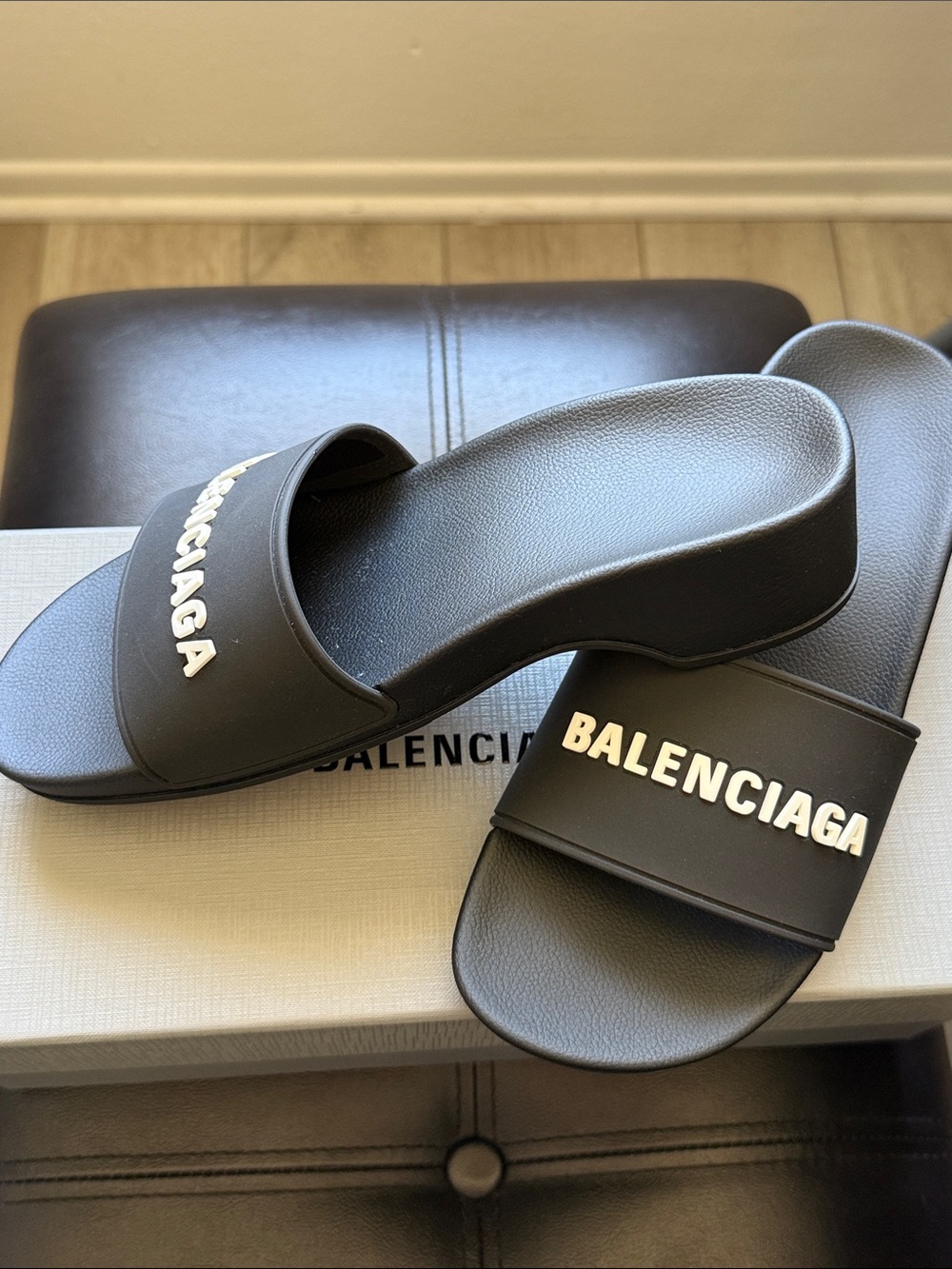 NEW- Balenciaga Black Slides Wedge with White Logo